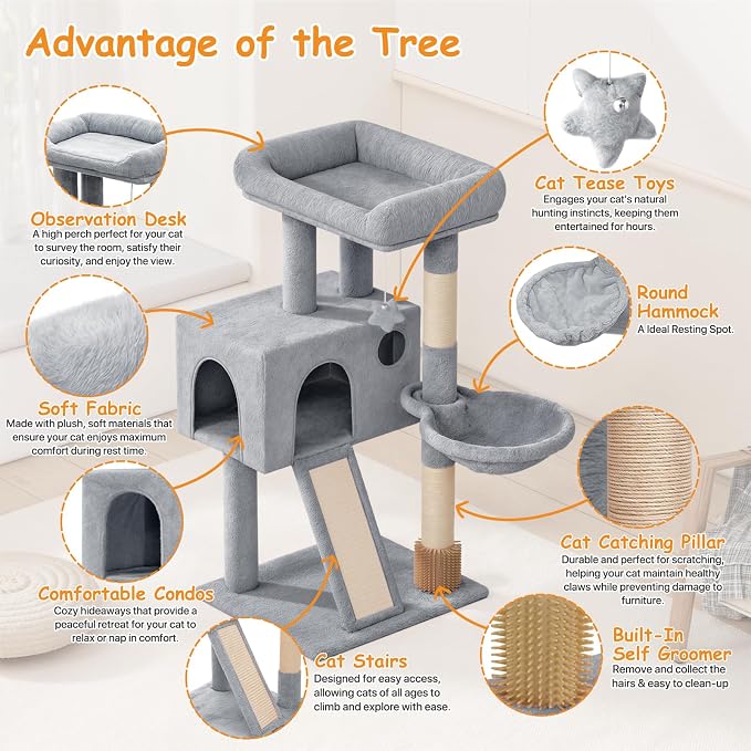 36-Inch Cat Tree Tower for Small and Medium Indoor Cats, Multi-Level Cat Furniture with Sisal Scratching Posts, Hammock, Condo & Scratching Board, Light Gray