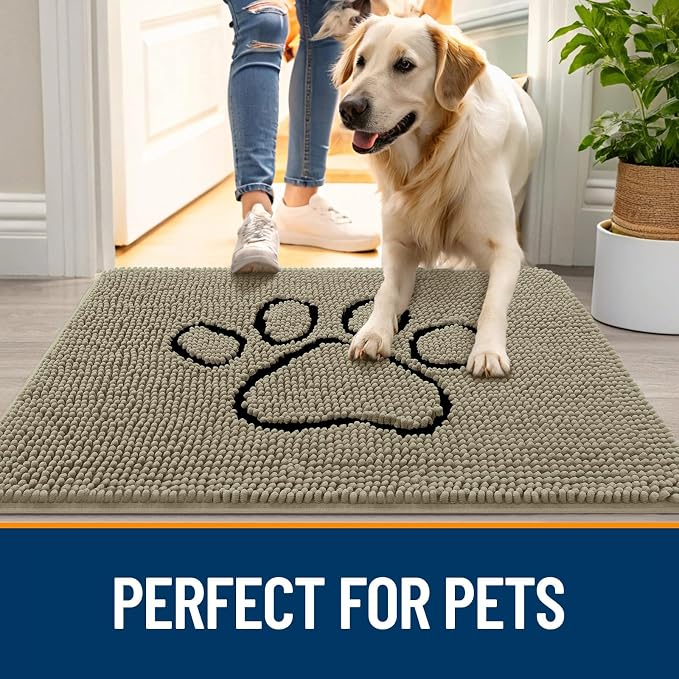 OLANLY Dog Door Mat for Muddy Paws 36x24, Paw Print Design Chenille Mud Mat | Warm Taupe, Absorbent, Traps Moisture and Dirt, Non-Slip Washable Doormat, Quick-Drying Indoor Entryway Floor Carpet for Dogs