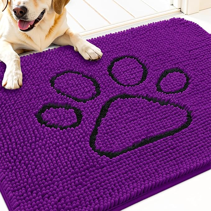 OLANLY Dog Door Mat for Muddy Paws 30x20, Paw Print Design Chenille Mud Mat | Purple, Absorbent, Traps Moisture and Dirt, Non-Slip Washable Doormat, Quick-Drying Indoor Entryway Floor Carpet for Dogs