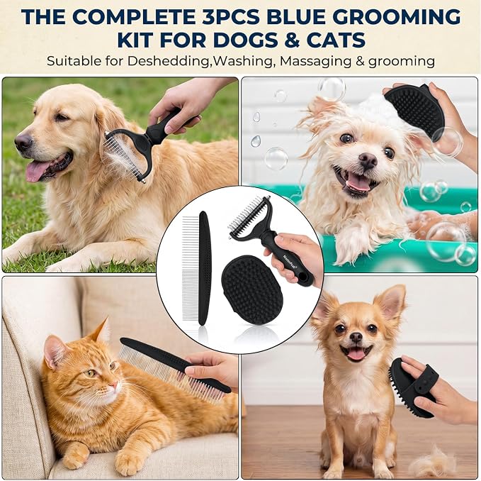 3-in-1 Pet Grooming Kit Rake Metal Comb & Bath Brush Black | Double-Sided Dematting Undercoat Rake, Deshedding Metal Comb, Bath Brush For Dogs and Cats