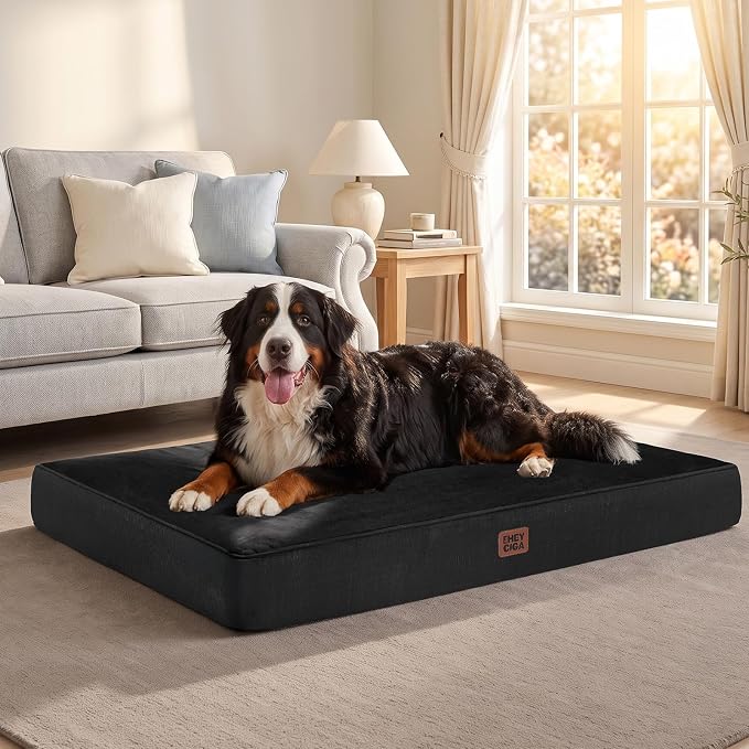 EHEYCIGA XXL Washable Dog Crate Bed with Memory Foam, 47x29Inch, Black | High Density Egg Crate Foam, Waterproof Liner, Removable Easy Clean Cover, Non-Slip Bottom, Fits Crate, Floor and Sofa