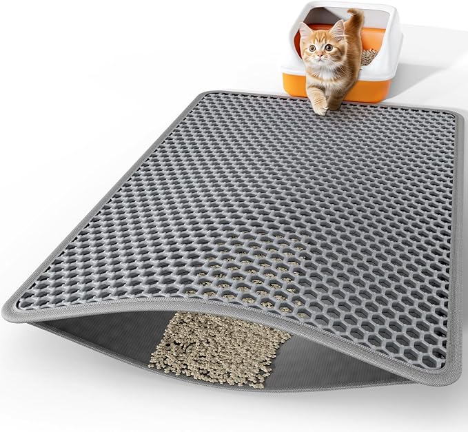 Powools Cat Litter Mat, Double-Layer, 46 x 35 in, Urine-Proof, Grey | Non-Slip Litter Trapping Mat, Easy to Clean, Kitty Litter Mats for Floor, Scatter Control, Waterproof Litter Box Mat for Cats