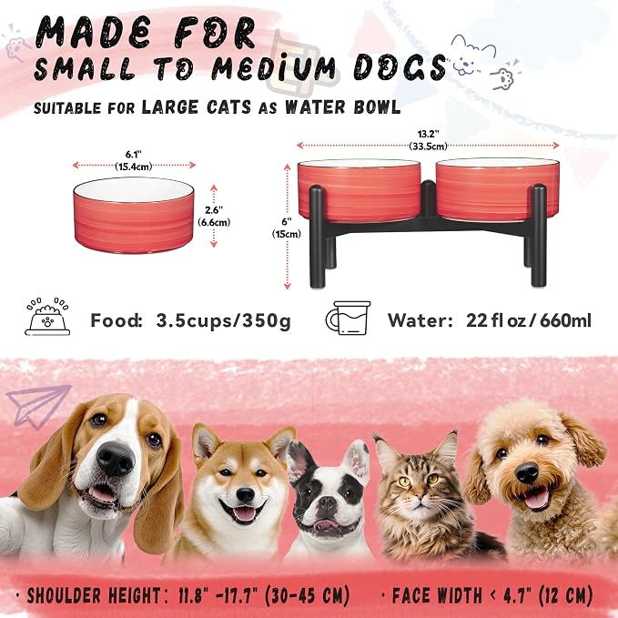 Ceramic Elevated Dog Bowl Set, 6.1''Raised Dog Food and Water Bowl Set with Non-Slip Stainless Steel Stand, Double Raised Dish for Small and Medium Breed, 3.5 Cups / 22 Fl Oz, Red