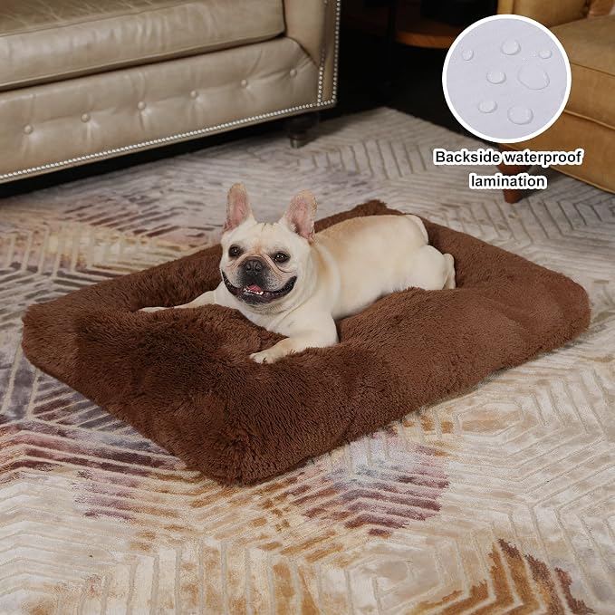 Bedfolks Waterproof Dog Crate Bed, Plush Dog Pad, 29"x21", Solid Brown | Faux Fur Plush Cover, Zippered Removable Washable Outer, Waterproof Inner Lining, Non-Slip Base, Crate Pad and Dog Pillow