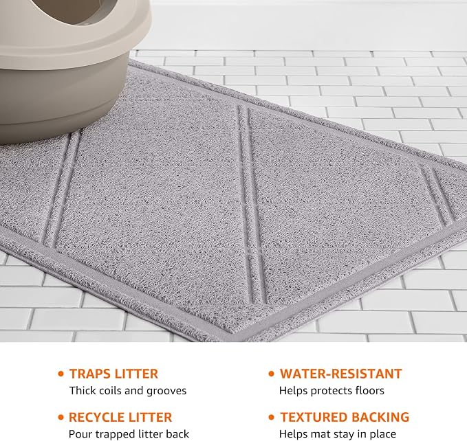 Amazon Basics Less-Mess Litter Trapping Cat Litter Box Mat, Soft on Kitty Paws, Waterproof, Scatter Control, 24" x 35", Grey