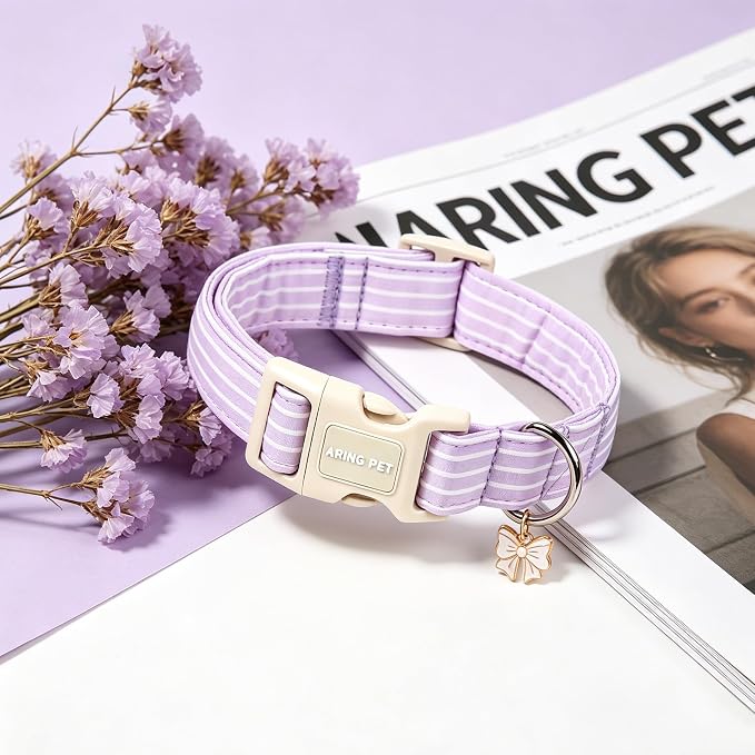 ARING PET Stripe Dog Collar, Cute Spring Summer Purple Stripe Pet Collars with Bow Charm for Puppy Small Medium Large Boy Girl Dogs, for Daily Outdoor Walking Beach Stroll-L