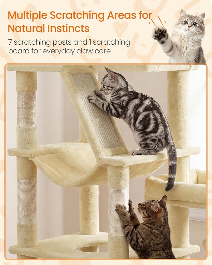 Feandrea 74.1-Inch Cat Tree Tower for Indoor Extra Large Cats, with Scratching Posts, Scratching Board, Multi-Level Design, Beige UPCT016Y101S