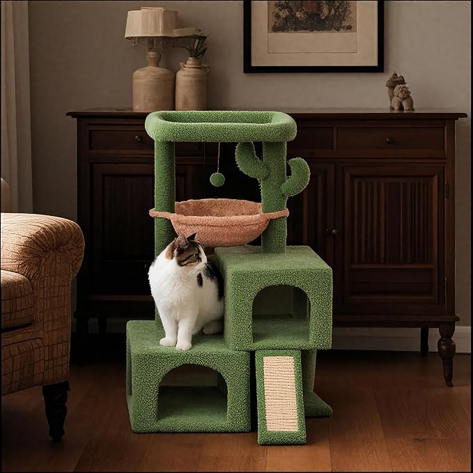 AIWIKIDE 37.4" Cactus Cat Tree Tower with Twin Cat Condos for Indoor Cats, All-in-One Activity Center with Cat Scratching Post Cozy Sleeping Perch Hammock and Toy Balls,Green