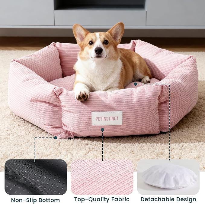 Medium Dog Bed, 30 Inch Washable Corduroy Dog Bed with Removable Cover & Anti-Slip Bottom, Durable Comfort for Medium to Large Dogs up to 45 lbs (Pink)