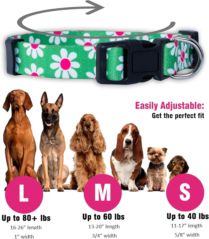 Native Pup Flower Dog Collar, Adjustable Small Medium Large, Cute Girl Female Summer Spring Pretty Designer Puppy Essentials Accessories, Pink Floral Blue Daisy Rose (Small, Green Daisy)
