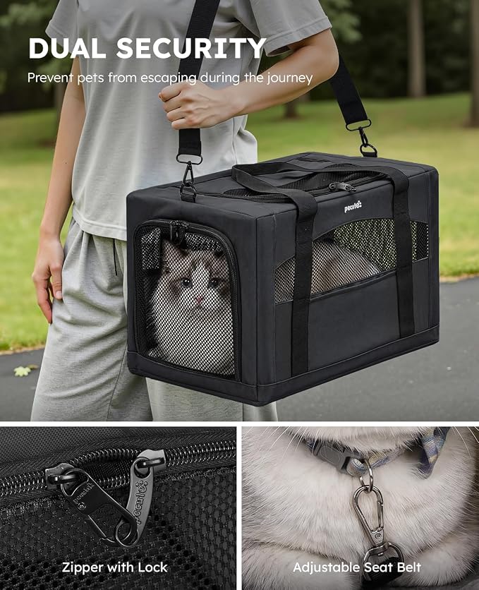 Pecute Pet Carrier for Cat up to 15lbs, Stable 5mm Steel Frame Soft-Sided Dog Carrier, Anxiety Relief Hidden Privacy Partition, Safe Pet Carrier for Car Travel, Washable, Foldable, Dark Gray, XL