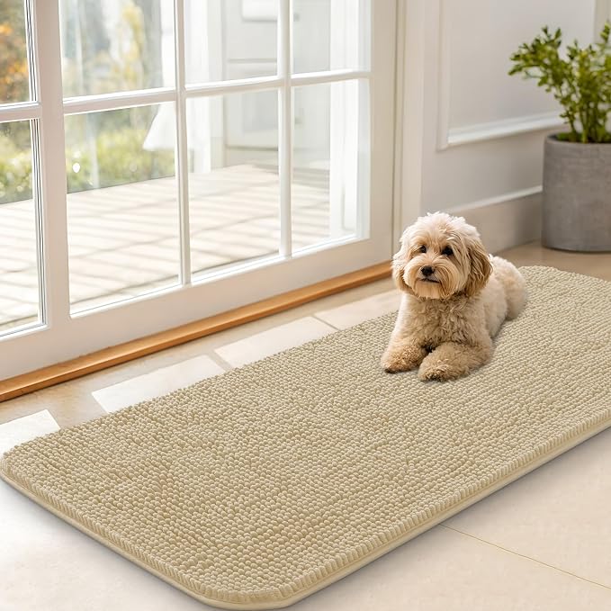 OLANLY Dog Door Mat for Muddy Paws 47x20, Super Absorbent Chenille Mud Mat | Beige, Absorbs Moisture and Dirt, Non-Slip Machine Washable Doormat, Quick-Drying Indoor Entryway Floor Carpet for Dogs
