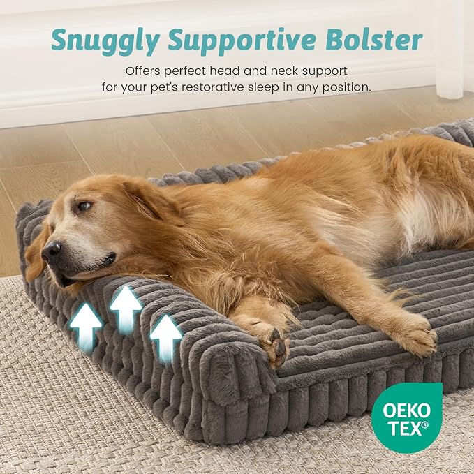 COZY KISS Faux Rabbit Fur Large Dog Bed – 44"x32" Orthopedic Foam Couch with Sides, Removable Washable Cover & Waterproof Lining, Grey