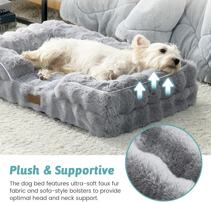 COZY KISS Orthopedic Dog Bed for Large Medium Size Dog, Soft and Warm Faux Fur Sofa for Pet Up to 75 lbs, Foam Bolster Anti-Slip Couch with Washable Removable Cover, L 36x27x6.5 inch, Grey