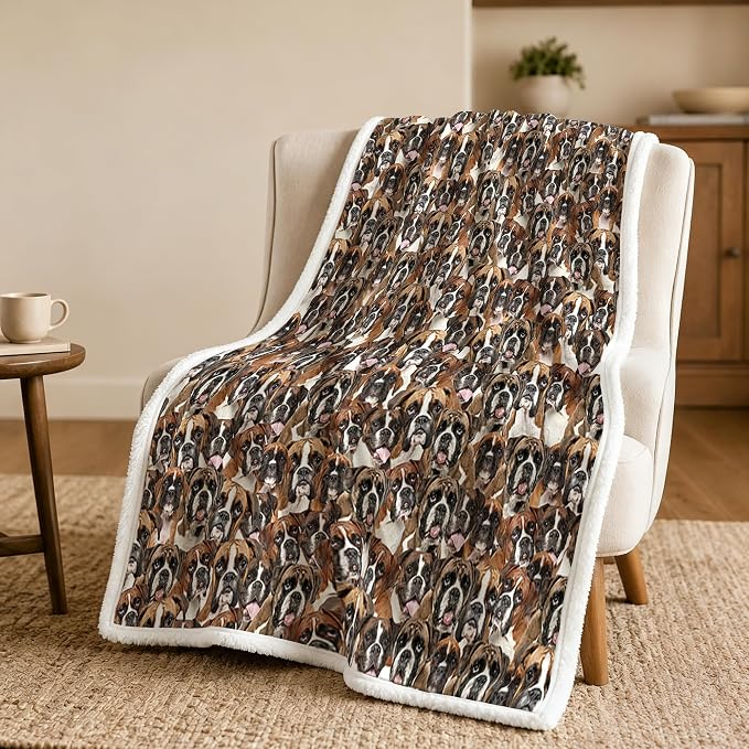BlessLiving Boxer Brown Throw Blanket with Dense Dog Patterns Sherpa Fleece Blanket Couch Bed, Soft Cozy Warm Pet Blankets for Puppy Lovers Cute Animal Print Gift 50x60 Inches