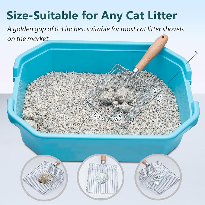 Cat Litter Scoop, Premium Kitty Shovel with Hook and Hole, Metal Sifter Scooper Stainless Steel for Easy Cleaning, Durable and Heavy Duty, Odor-Free for Litter Box | 0.3-inch Gap, Wooden Handle, with Hook and Hole, Stainless Steel, Easy Cleaning, Durab...