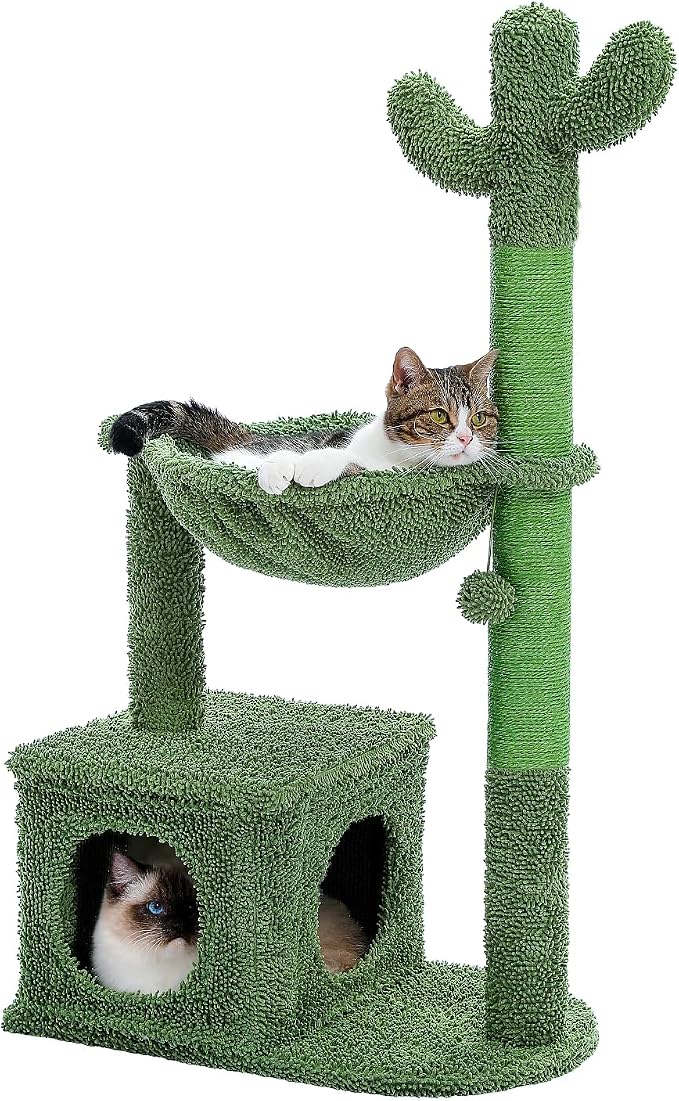 PEQULTI Cactus Cat Tree Cat Condo with Big Metal Frame Hammock, Cat Scratching Post for Indoor Cats with Cat Condo Natual Sisal Rope and Cat Toy Dangling Sisal Ball, Green