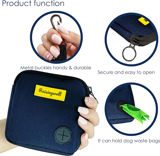 Raisingwell Dog Treat Pouch for Pet Walking and Training with Clicker Poop Bags Small Fanny Zipper Pack Holder for Puppy Snack Dispenser Kit for Leash and Outdoor Use (Blue)