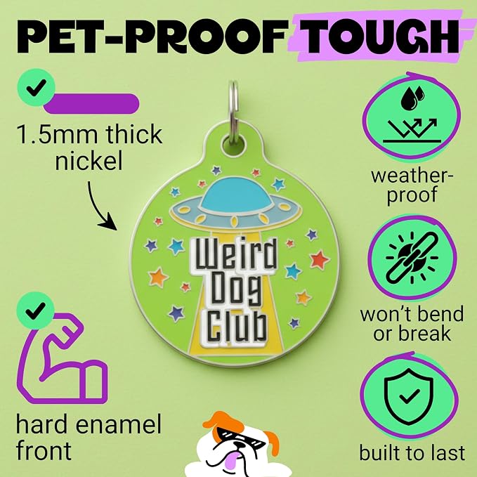 Bad Tags Personalized Dog and Cat ID Tags in 25+ Designs and 2 Sizes - 5 Lines of Custom Engraved Text - Funny Cute Personalized Pet Tags (Weird Dog Club, Large (1.25 inch))