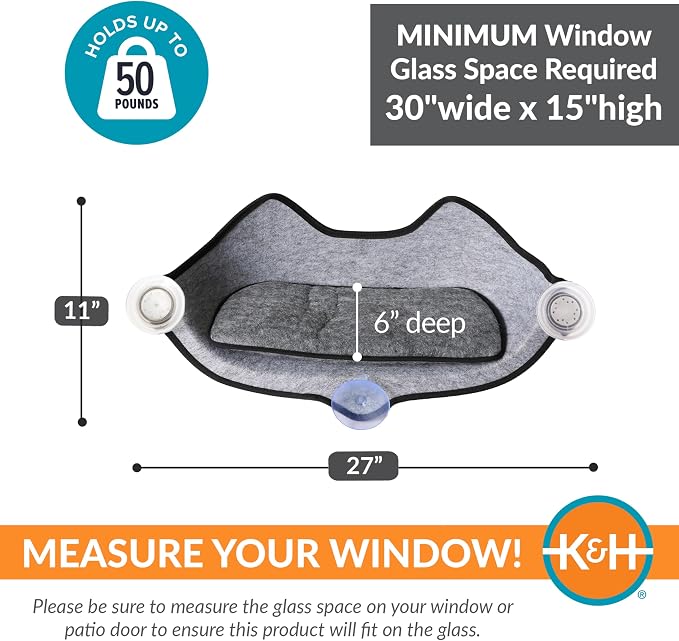K&H Cat Window Perch Bed, EZ Mount Kitty Face, 27x11x6in, Gray | Sturdy Cat Window Hammock with Strong Suction Cups, Washable Sleeping Pad, Fits 30in W X 15in H Glass Spaces