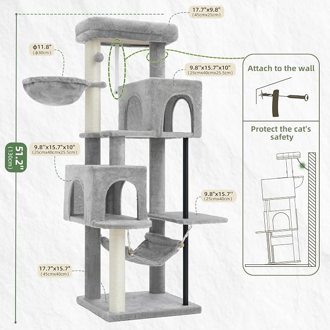 Cat Tree Tower with Sturdy Steel Tube for Indoor Cats GCT014W | 51.2'' Cat Furniture with Scratching Posts, Hammock, Basket and Padding Top Platform for Inoor Cats Large Adult, Light Gray