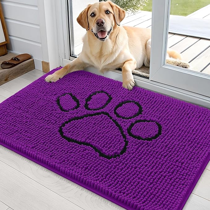 OLANLY Dog Door Mat for Muddy Paws 36x24, Paw Print Design Chenille Mud Mat | Purple, Absorbent, Traps Moisture and Dirt, Non-Slip Washable Doormat, Quick-Drying Indoor Entryway Floor Carpet for Dogs
