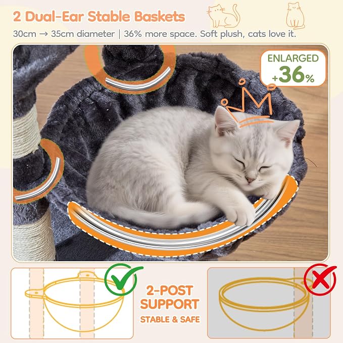 Taoqimiao 53.5in Cat Tree, Heavy Duty Sturdy Cat Tower for Indoor Cats S20G | Easy assembly, Extra Wide Base, Multi-level, 6 Scratching Posts, 2-Post Supported Baskets, Cozy Cave, 2 Perches, Smoke Gray