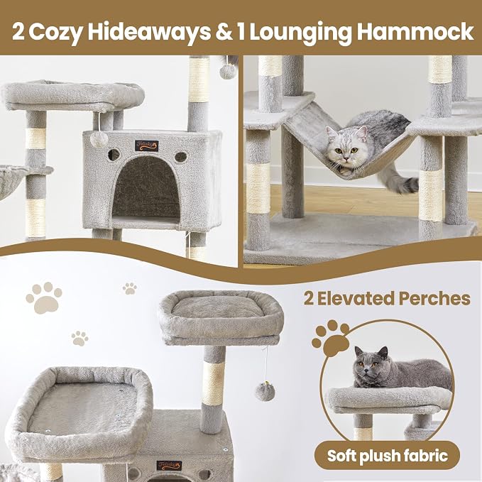 74in Cat Tree Tower for Indoor Cats, Multi-Level Design | 2 Roomy Condos, 2 Cozy Baskets, 2 Padded Perches, 9 Sisal Scratching Posts, Hammock, Hanging Toys, Wide Base, Easy Assembly