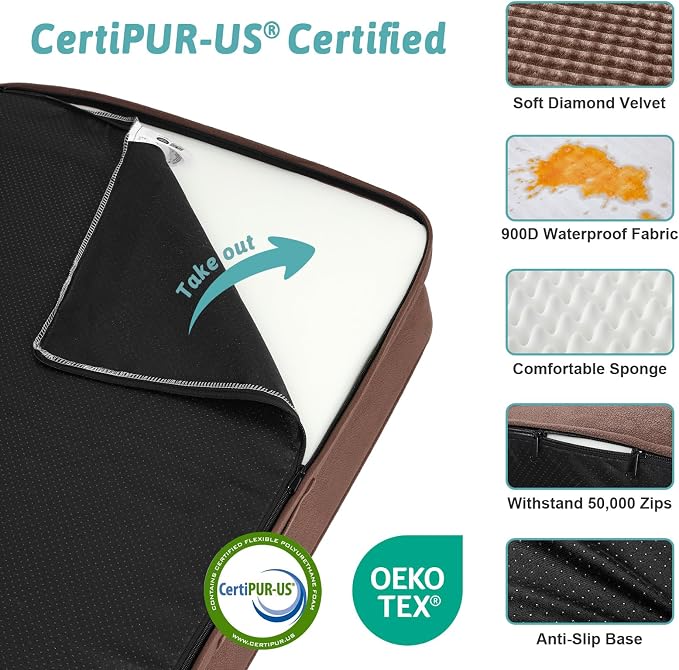 COZY KISS Orthopedic Large Dog Beds, Bolster Pet Couch with Waterproof Lining, Egg Crate Foam Sofa for Pets Up to 65 lbs, U-Shaped, 36x27x6.5 inch, Brown