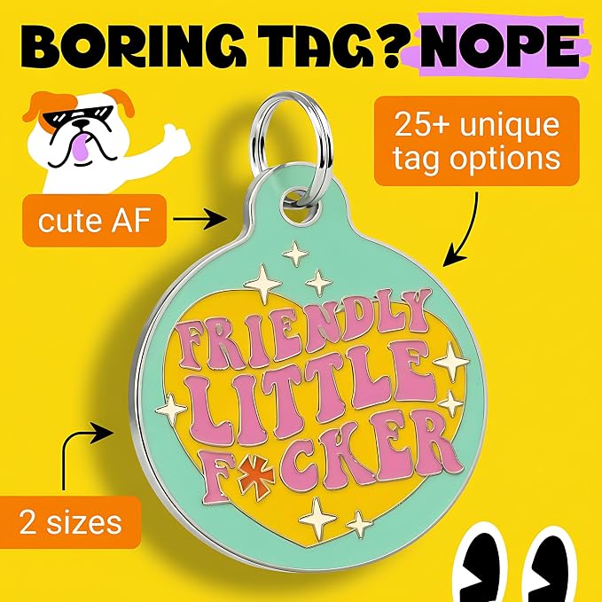Bad Tags Personalized Dog and Cat ID Tags in 25+ Designs and 2 Sizes - 5 Lines of Custom Engraved Text - Funny Cute Personalized Pet Tags (Friendly Little F*cker, Large (1.25 inch))