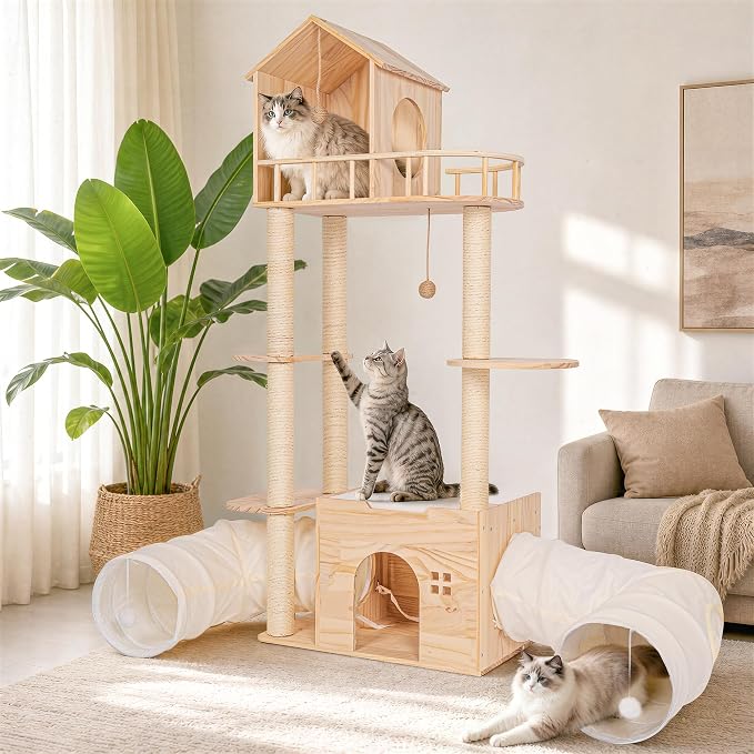 58 Inch Large Solid Wood Cat Tree, Tall Cat Tower for Indoor Cats, Cat Tree House with Double Tunnels, Sisal Scratching Posts, Washable Cushion, Hanging Balls, Natural