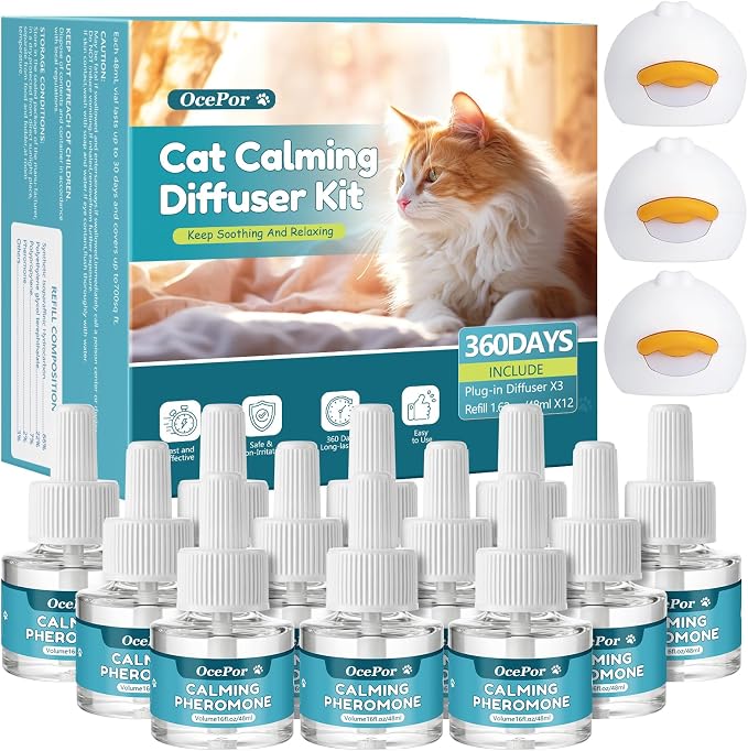 Multi‑Cat Calming Diffuser, 360-Day Pheromone Diffuser 12 Refills & 3 Plugs | Cat Pheromones Calming Diffuser Refill Kit for Pee Spraying, Aggression, Meowing & Scratching, Relieve Anxiety Stress