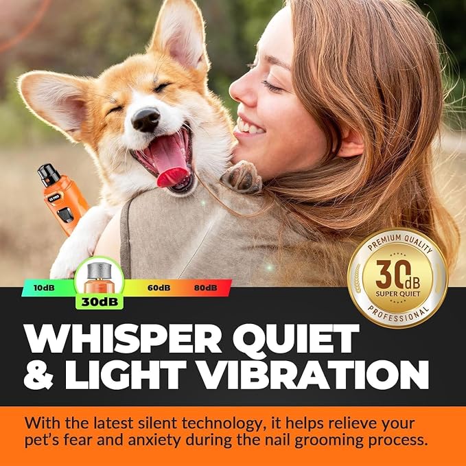 Whisper Quiet Dog Nail Grinder Safe & Stress-Free for Sensitive Dogs Cats | 4 LED Lights,3 Grinding Bits, 3-Speed, Pet Nail Trimmers, Rechargeable Painless Grooming Kit for All Breeds & Sizes