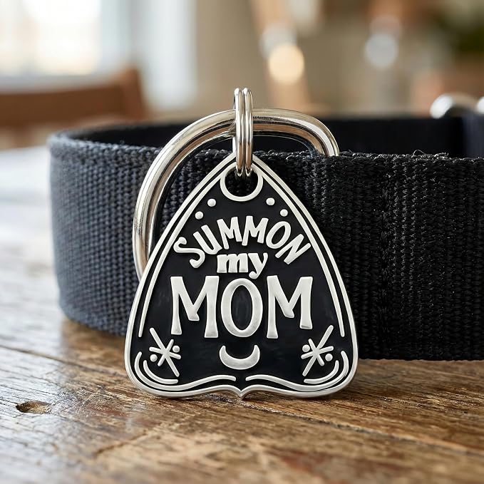 Bad Tags Personalized Dog and Cat ID Tags in 25+ Designs and 2 Sizes - 4 Lines of Custom Engraved Text - Funny Cute Personalized Pet Tags (Summon My Mom, Small (1 inch))
