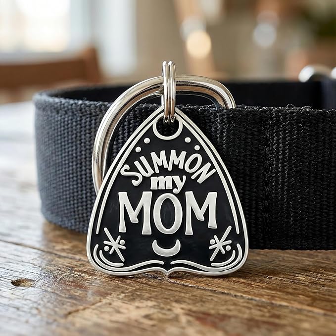 Bad Tags Personalized Dog and Cat ID Tags in 25+ Designs and 2 Sizes - 4 Lines of Custom Engraved Text - Funny Cute Personalized Pet Tags (Summon My Mom, Large (1.25 inch))