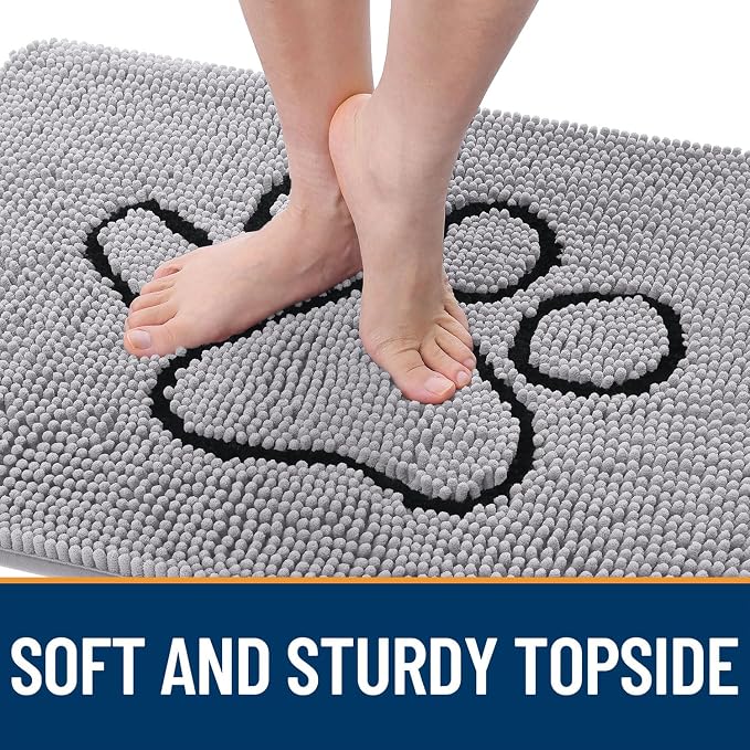 OLANLY Dog Door Mat for Muddy Paws 48x30, Paw Print Design Chenille Mud Mat | Light Grey, Absorbent, Traps Moisture and Dirt, Non-Slip Washable Doormat, Quick-Drying Indoor Entryway Floor Carpet for Dogs