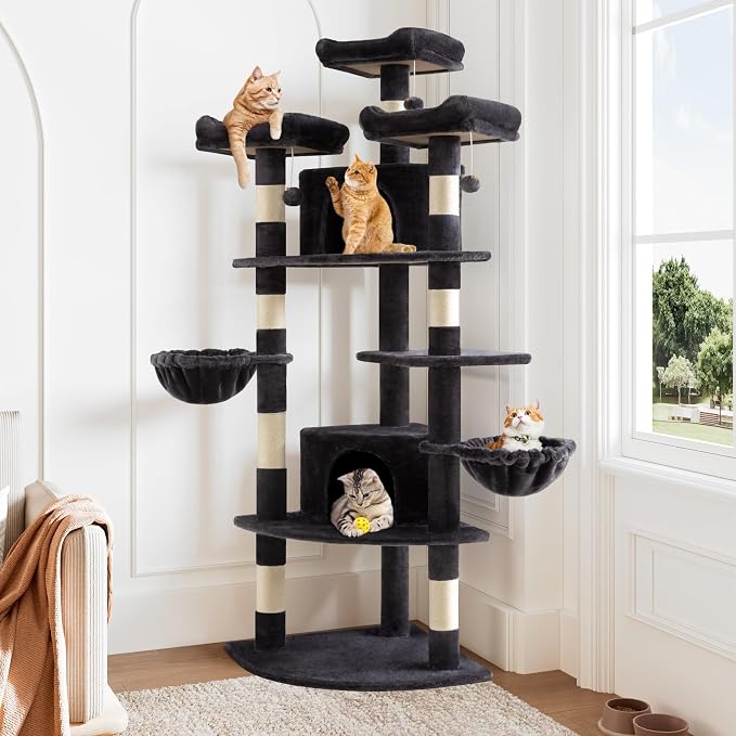 Allewie 73in Fan-Shaped Space-Saving Corner Cat Tree Tower, Dark Grey | Multi-Level Tall Cat Tree for Indoor Cats, Cozy Baskets, Condos, House, Perches, Sisal Scratching Posts, Pet Activity Center