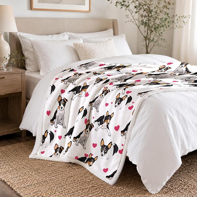 BlessLiving Rat Terrier White Throw Blanket with Dense Black Dog Patterns Sherpa Fleece Blanket Couch Bed, Soft Cozy Warm Pet Blankets for Puppy Lovers Pink Heart Cute Animal Print Gift 60x80 Inches