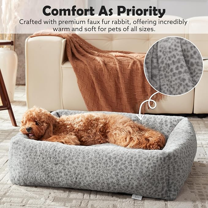 JOEJOY Dog Bed Medium Size Dog, Removable Washable Cover Orthopedic Soft Pet Bed, Anti-Slip Fluffy Plush Faux Rabbit Fur Puppy Bed, 30"x24"x8", Leopard Print, Grey