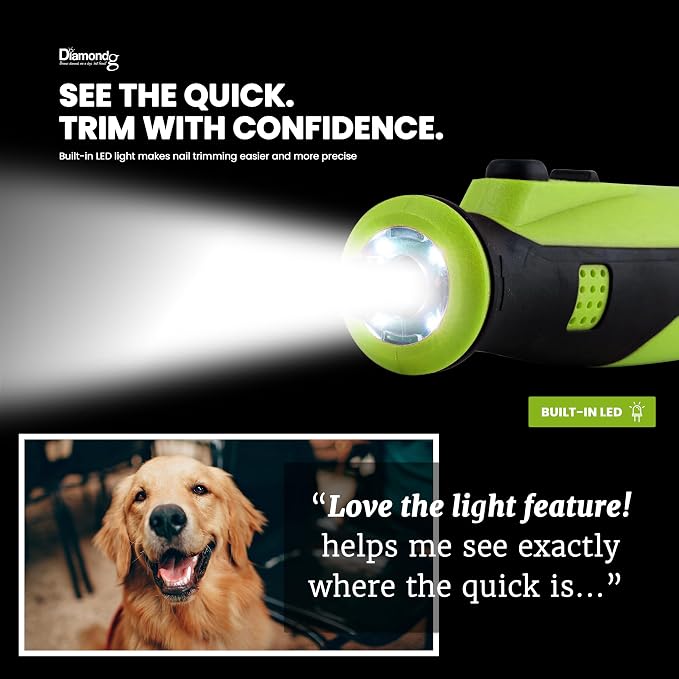 Diamondg Cordless Dog Nail Grinder - Quiet Sound with LED Light, Green | 5-Speed Rechargeable Pet Nail Trimmer for Small & Large Dogs, USB-C Charging, 4hrs. Runtime, Painless Dog Nail Grinding Kit