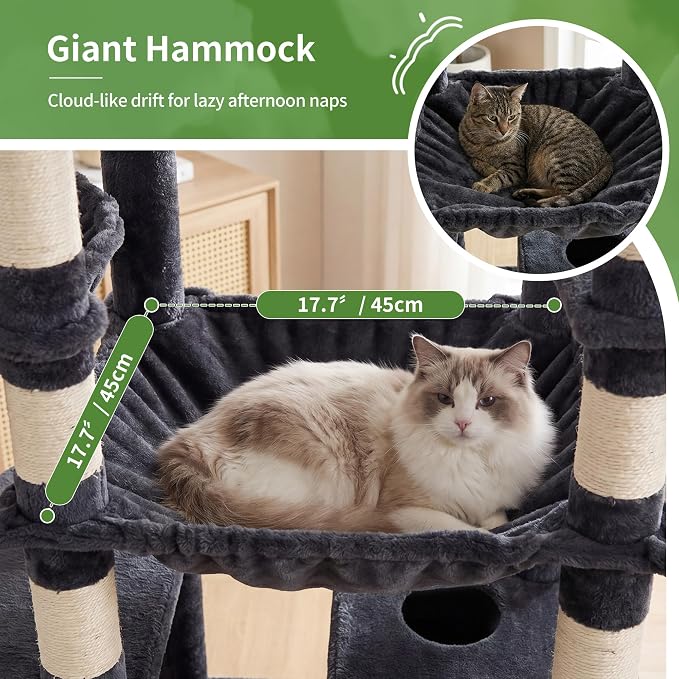 Heybly Floor to Ceiling Cat Tree, 104.7"-116.5" Height-Adjustable HCT92G | Expanded Wide Cat Climbing Tower with Wide Perch, 2 Spacious Cat Condos & 15 Scratching Posts for Indoor Cats, Smoky Gray