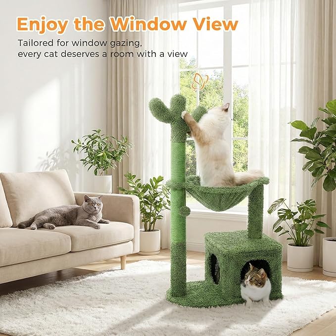 MUTTROS Cactus Cat Tree 40" Cat Tower with Large Metal Carpet Hammock, Cat Scratching Post for Indoor Cats with Condo & Replaceable Toy Ball, Green