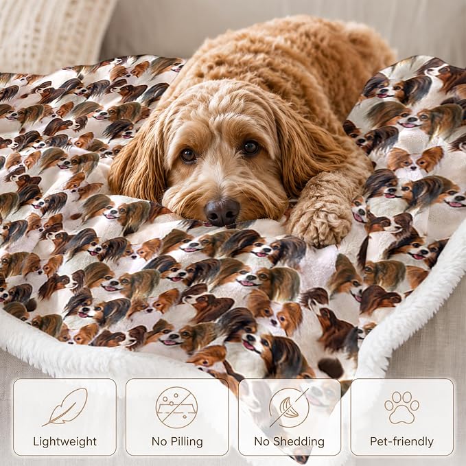 BlessLiving Papillon Brown Throw Blanket with Dense Dog Patterns Sherpa Fleece Blanket Couch Bed, Soft Cozy Warm Pet Blankets for Puppy Lovers Cute Animal Print Gift 50x60 Inches