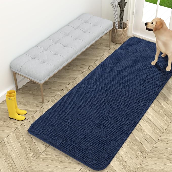 OLANLY Dog Door Mat for Muddy Paws 59x24, Super Absorbent Chenille Mud Mat | Dark Blue, Absorbs Moisture and Dirt, Non-Slip Machine Washable Doormat, Quick-Drying Indoor Entryway Floor Carpet for Dogs