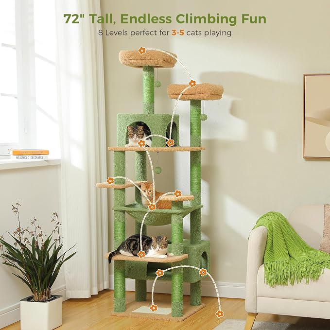PAWZ Road 72" Cactus Cat Tree Tall Tower with Hammock&Condo for Large Cats | 20"×16" hammock for adult cats, tall cat tower with 7 scratching posts&pad, 2 large condos&top perches for multi-cats