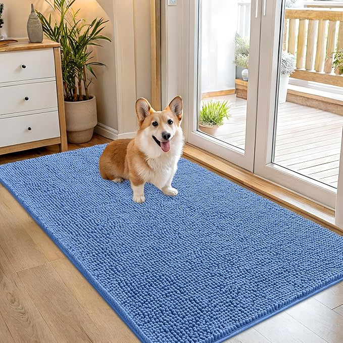 OLANLY Dog Door Mat for Muddy Paws 54x32, Super Absorbent Chenille Mud Mat | Cornflower Blue, Absorbs Moisture and Dirt, Non-Slip Machine Washable Doormat, Quick-Drying Indoor Entryway Carpet for Dogs