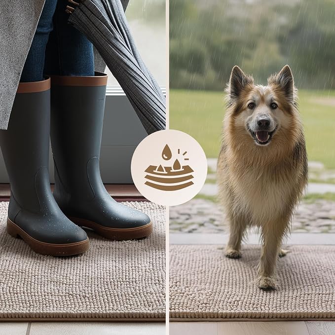 EHEYCIGA Super Absorbent Dog Door Mat for Muddy Paws 48x30 Inch Indoor, Front Doormat Outside Entrance, Quick Dry Chenille Washable Dog Crate Bed, Non-Slip Pet Rug Mud Mat Outdoor Entryway, Beige