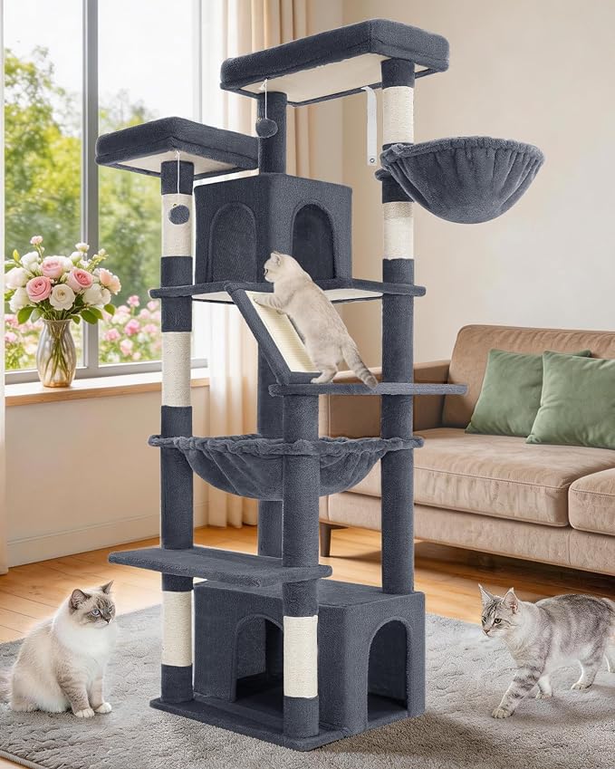 Hzuaneri Large Cat Tree, 72 Inch Tall Multi-Level Cat Tower for Indoor Cats | Cat Condo Furniture with 6 with Sisal Scratching Posts, 2 Large Platforms, 2 Cats House, Hanging Basket, Dark Gray MS18318SG