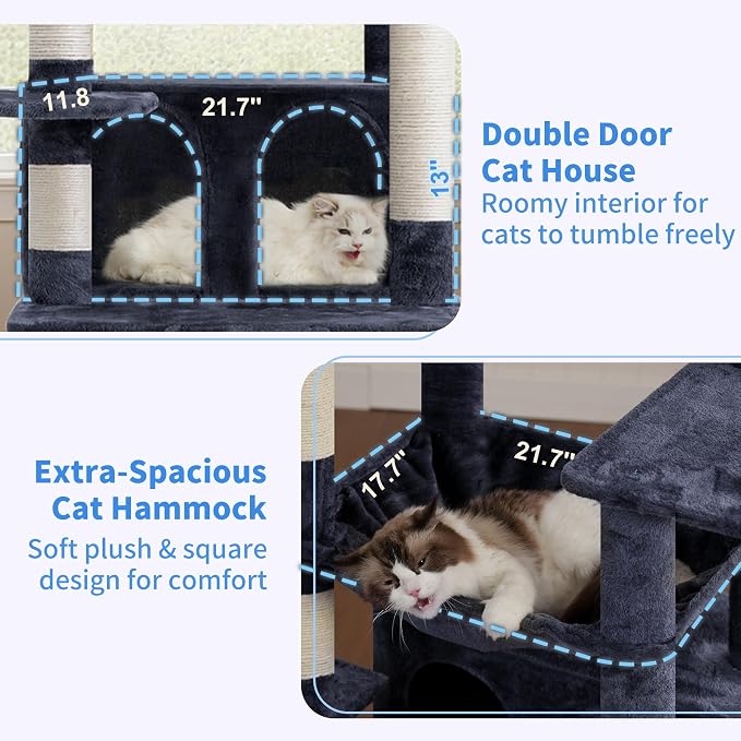 Heybly Tall Cat Tree for Large Cat, 80-inch Multi-Level Cat Tower HCT038G | Condo Furniture for Indoor Cats with Large Baseboard, 2 Widened Plush Perches, Scratching Board, Big Caves, Smoky Gray