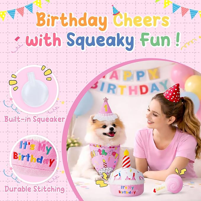 KIPRITII Dog Birthday Party Supplies – Pink Dog Birthday Cake Toys, Birthday Bandana & Hat for Small Dogs, Interactive Puppy Plush Toys to Relieve Boredom